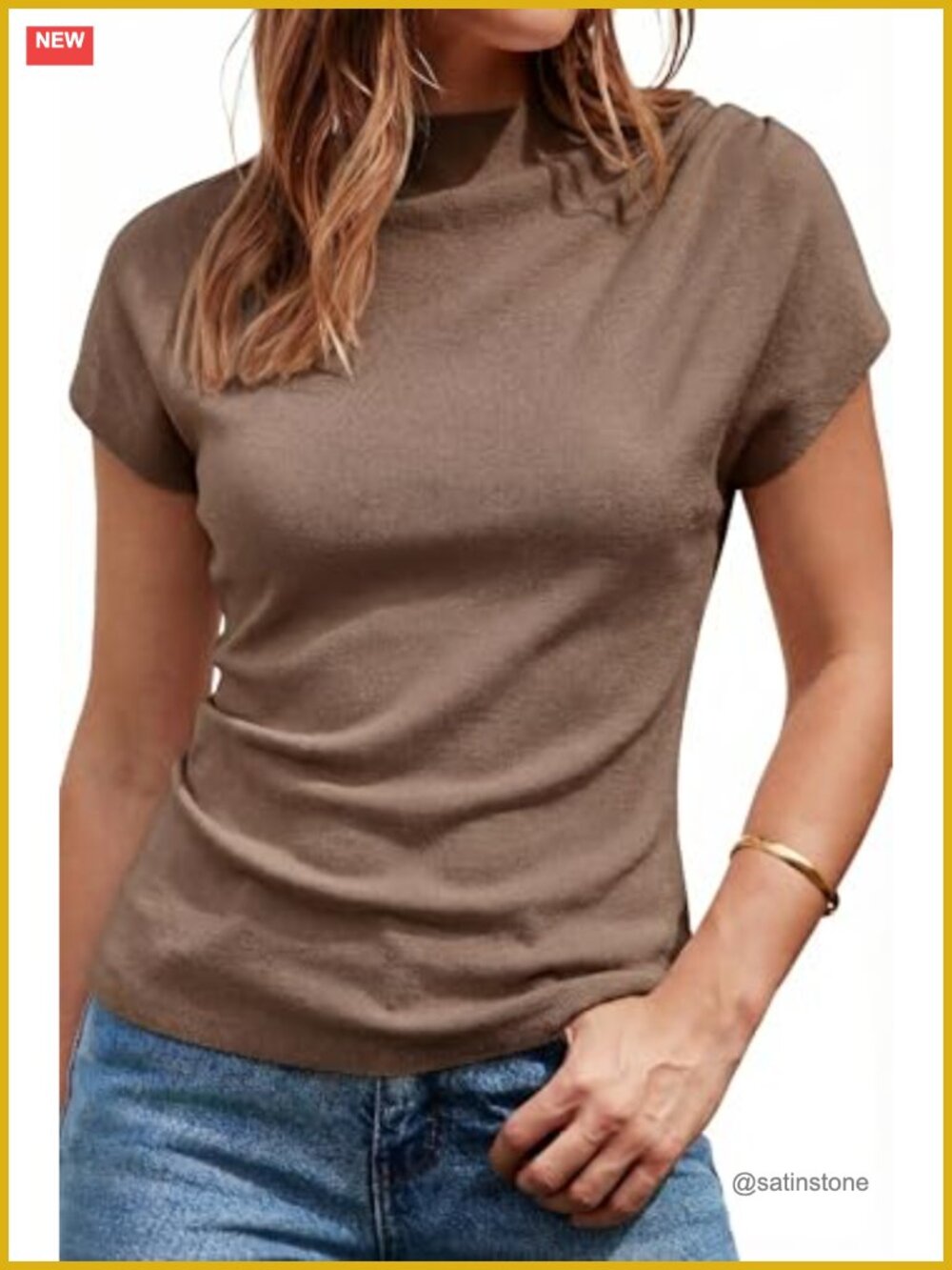 Mock Neck Ruched Slim Fit Cap Sleeve Blouse